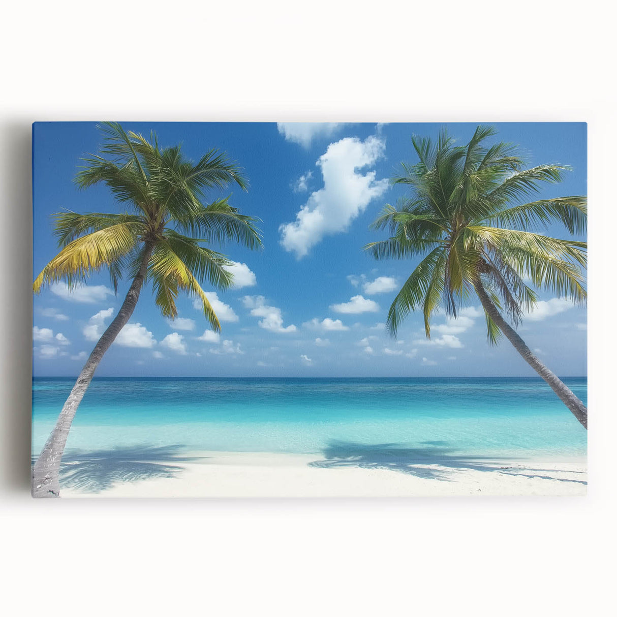 Stretched canvas artwork depicting a serene beach landscape at sunset, featuring vibrant orange and blue hues, perfect for enhancing home decor and evoking tranquility.