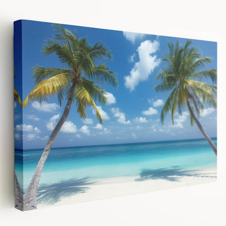 Stretched canvas artwork depicting a serene beach landscape, showcasing vibrant blue waters and golden sands, perfect for coastal-themed home decor.
