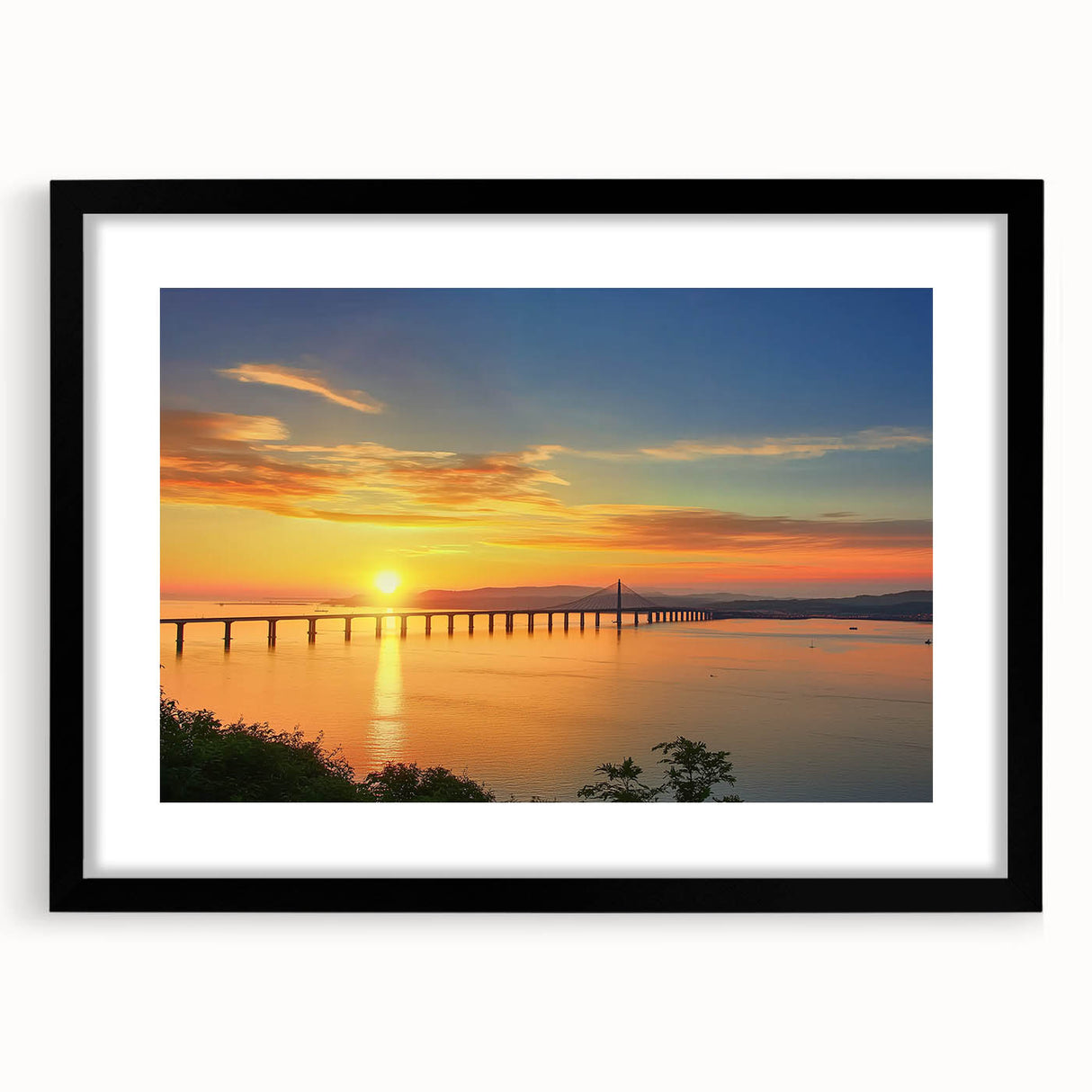 Black landscape bridge frame with mat, showcasing a sleek front view, ideal for displaying artwork or photographs in a modern setting. Perfect for home decor.