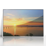 Framed acrylic artwork depicting a serene landscape bridge with lush greenery and a tranquil water reflection, ideal for enhancing modern home decor.