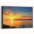 Framed canvas artwork showcasing a detailed landscape of a bridge, with a sleek black frame and side view perspective, ideal for modern home decor.