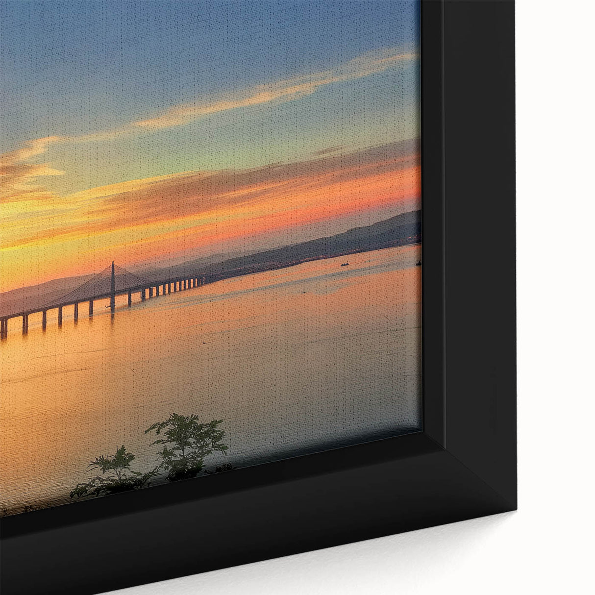 Framed canvas artwork depicting a serene landscape bridge, showcasing vibrant colors and intricate details, perfect for home decor enthusiasts.