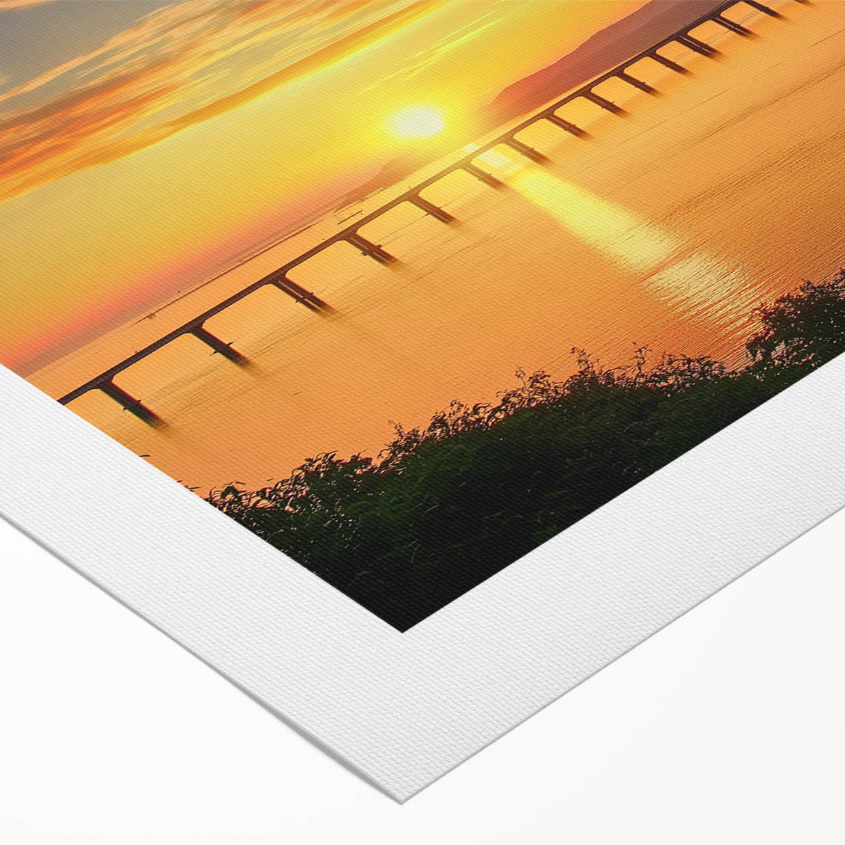 Landscape canvas print showcasing a vibrant bridge scene with lush greenery and a serene river, rolled and ready for display, ideal for home decor enthusiasts.