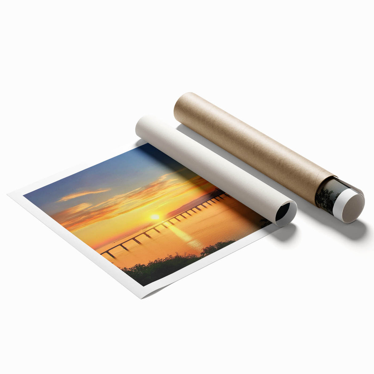Landscape bridge print on rolled canvas, showcasing vibrant colors and intricate details of a scenic view, packaged securely in a protective cardboard tube. Ideal for home decor enthusiasts seeking unique wall art.