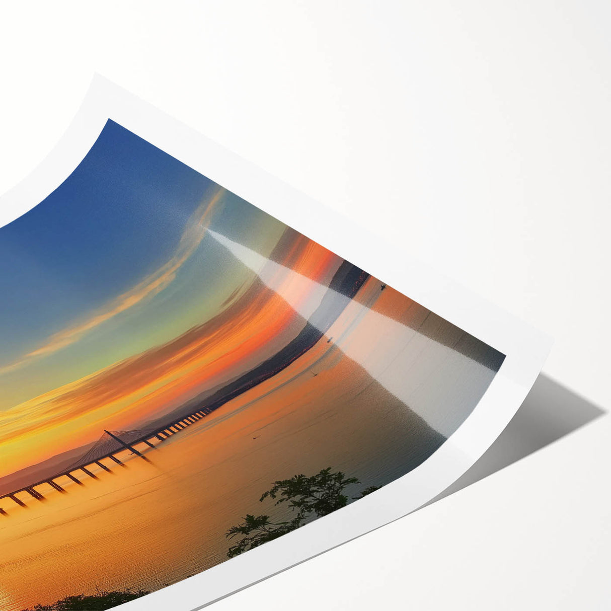 Landscape bridge print on rolled canvas showcasing intricate details of a serene bridge scene with lush greenery, packaged securely in a protective tube for easy transport and display.
