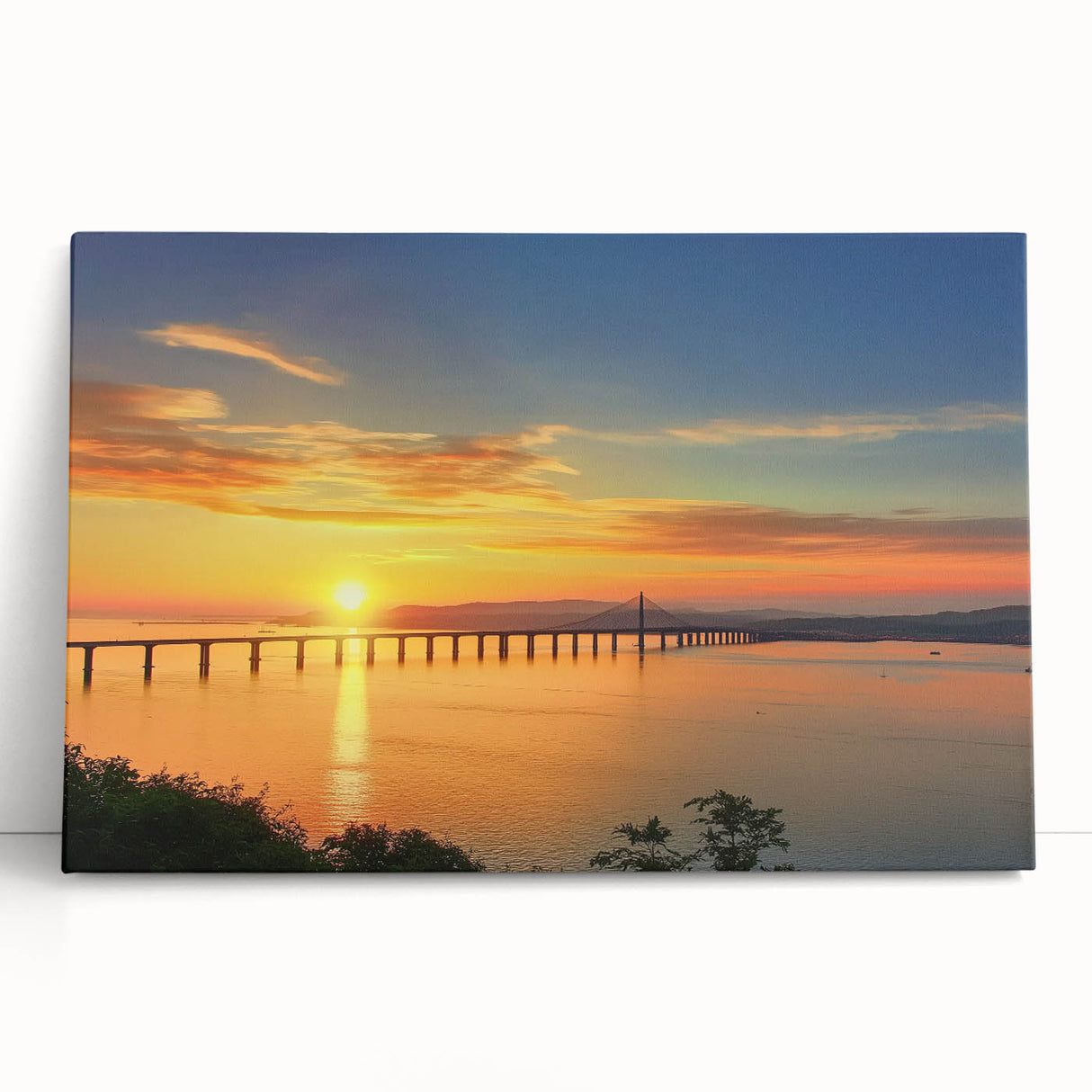 Stretched canvas artwork depicting a serene landscape bridge scene, featuring vibrant colors and intricate details, ideal for home decor and art enthusiasts.