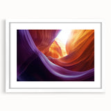 Framed landscape artwork featuring a stunning canyon scene, highlighted by vibrant colors and intricate details, with a white mat border for an elegant presentation.