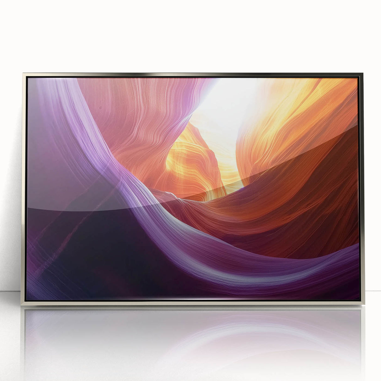 Framed acrylic artwork depicting a vibrant landscape of canyons, showcasing rich earth tones and intricate details, perfect for modern home decor.