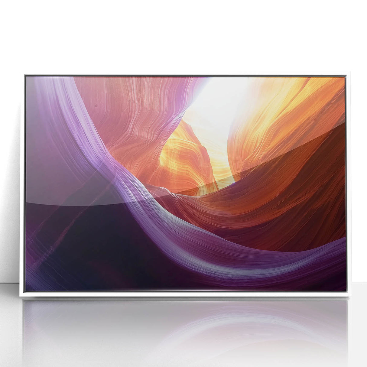 Framed acrylic artwork showcasing a stunning landscape of canyons in vibrant hues of orange and blue, ideal for modern home décor. Perfect for adding a touch of nature-inspired elegance to any room.
