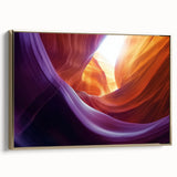 Framed canvas artwork showcasing a stunning landscape of canyons, highlighted with gold accents, viewed from the side against a neutral backdrop. Perfect for home decor.