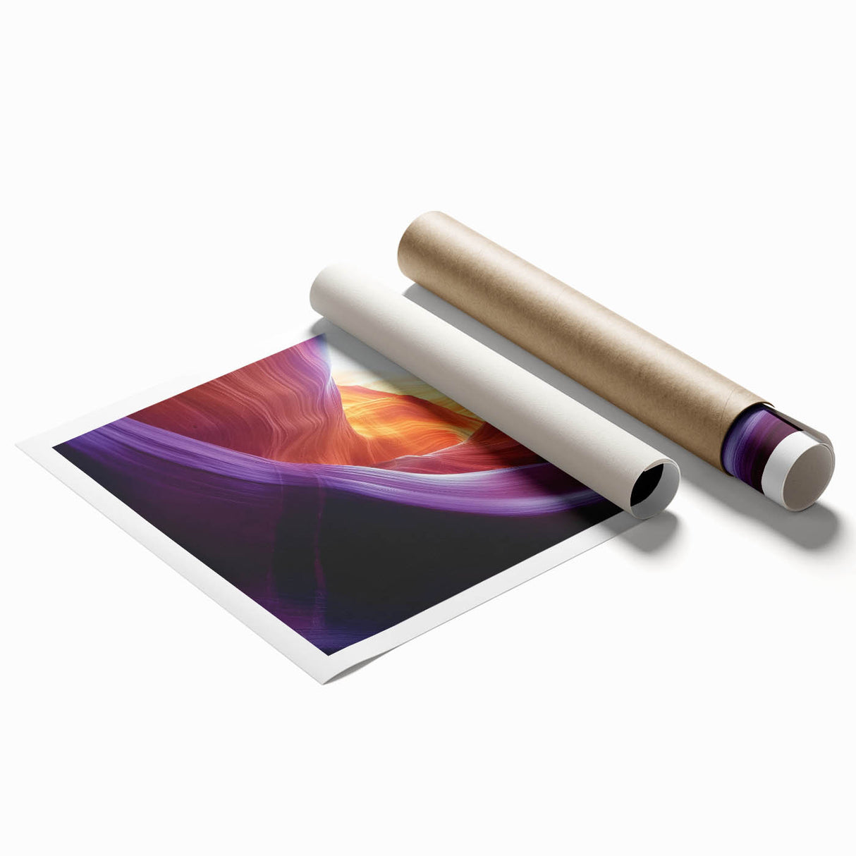 Vibrant landscape print of canyons in warm hues, showcasing intricate details and textures, rolled for delivery in a protective cardboard tube. Perfect for home decor.