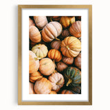 Extra large abstract art print depicting textured fall foliage in gold frame, ideal for living room decor.