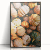 Mid-century modernist art depicting an abstract fall scene in warm orange tones, framed in silver acrylic.