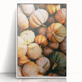 Art deco poster featuring autumnal trees in muted gold and orange tones, framed in white acrylic.