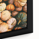 Framed canvas featuring a textured depiction of fall with a primarily black background and colorful elements.