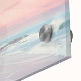 Large abstract wall art in acrylic glass with mid-century modernist design, featuring bold orange and teal swirls.