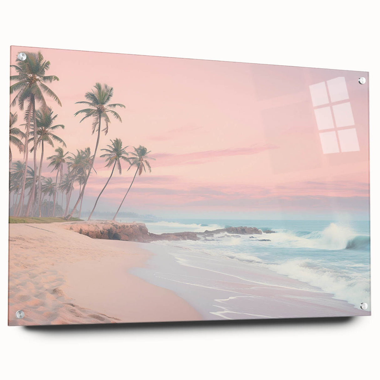 Large abstract wall art in blue and green hues on acrylic glass, ideal for modern bedroom or dining room decor.
