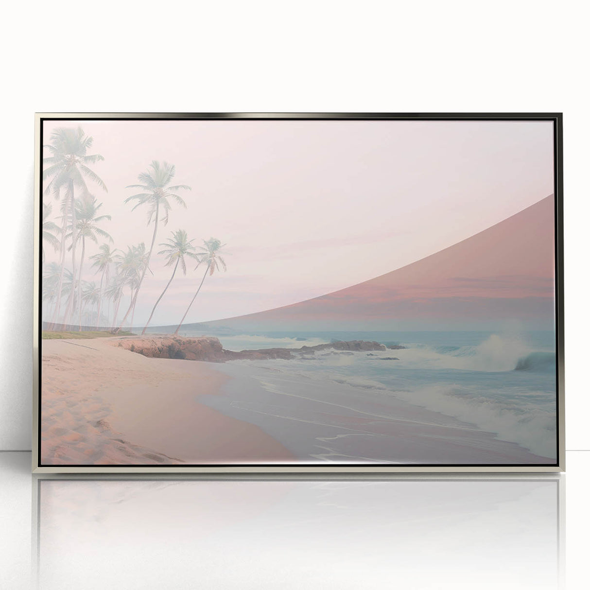 Mid-century modernist art featuring geometric shapes in soft pastel colors on a framed acrylic print.