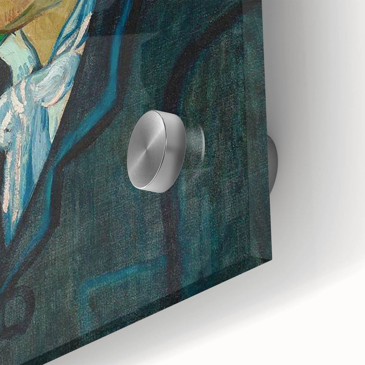 Large abstract wall art on acrylic glass depicting vibrant swirls in blue and yellow, ideal for dining room ambiance.