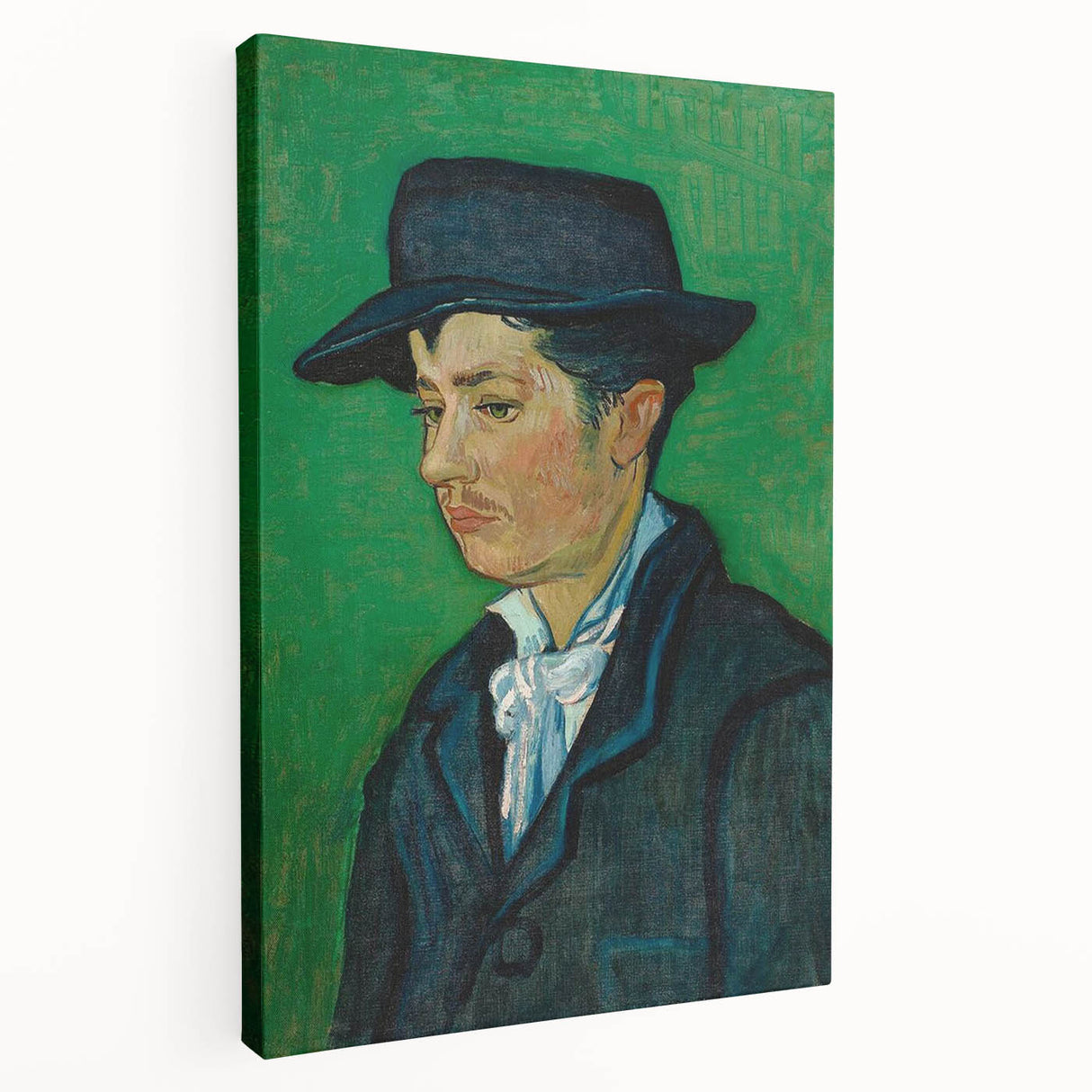 Vincent van Gogh-inspired stretched canvas featuring swirling blue and yellow tones, ideal for kitchen wall art.