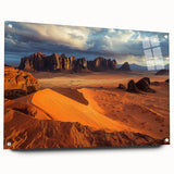 Acrylic glass artwork showcasing a stunning landscape of cliffs, emphasizing vibrant colors and intricate details, displayed in a side view with decorative pins for mounting.