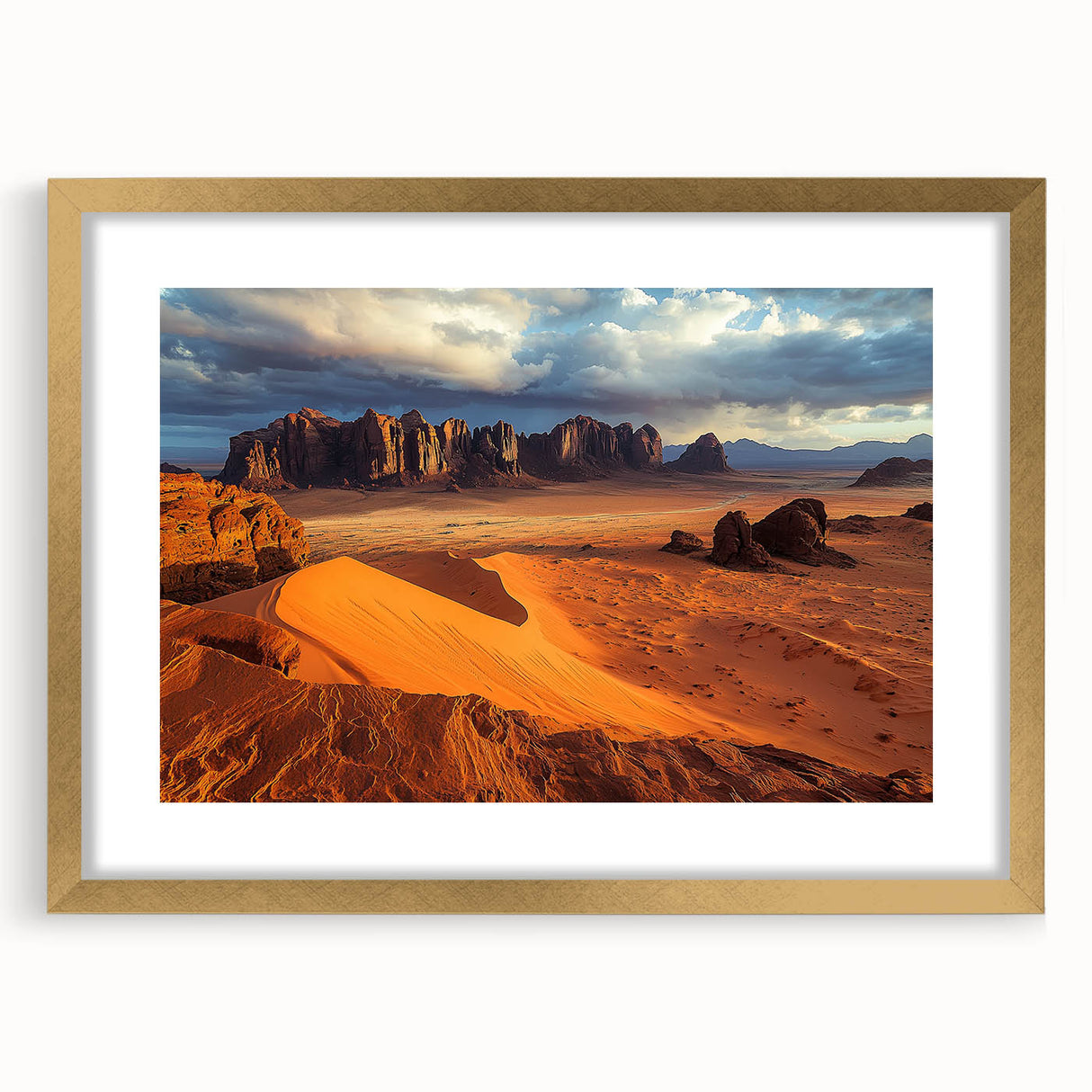 Elegant gold-framed landscape art featuring dramatic cliffs and serene skies, designed with a matte finish to enhance any decor, perfect for home or office.