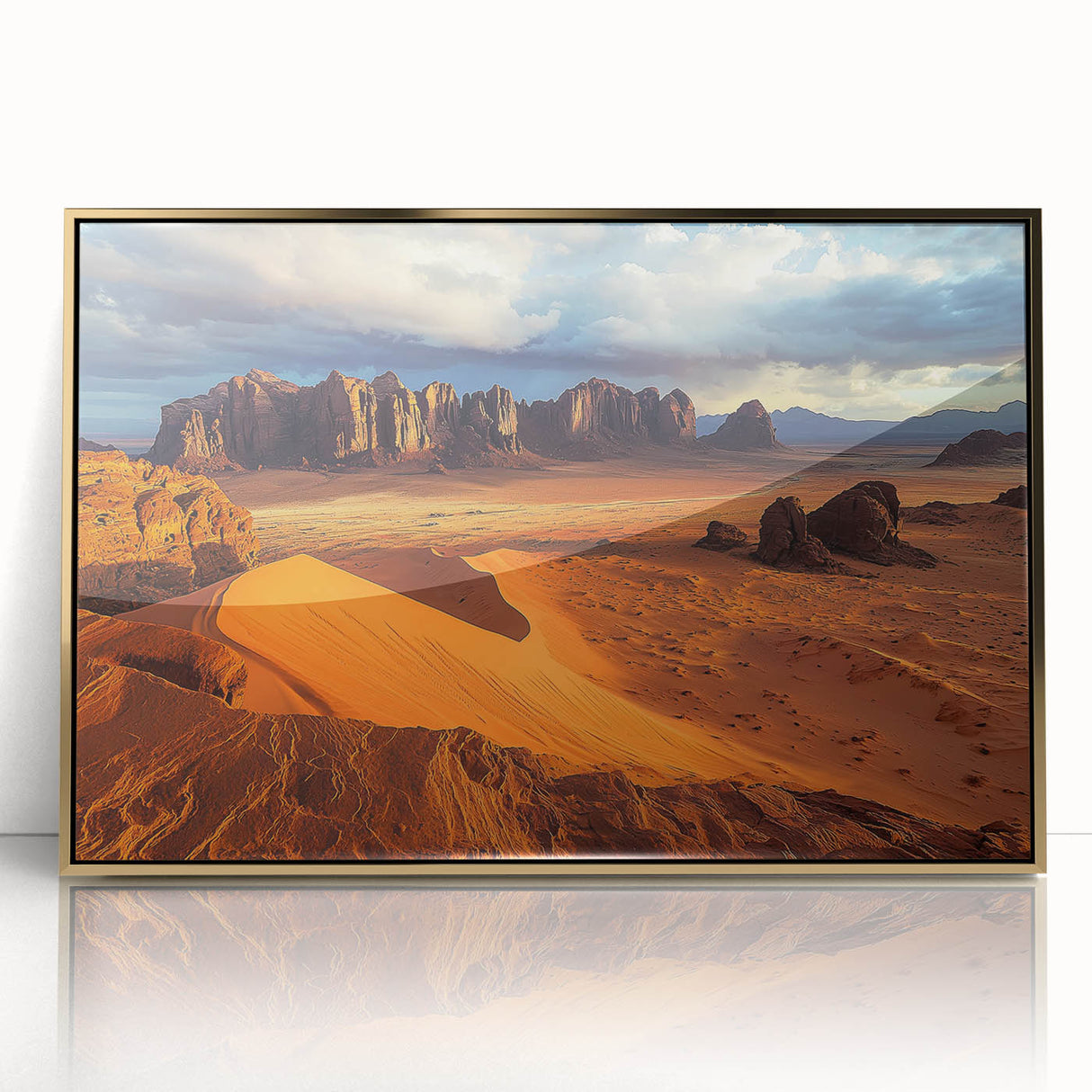 Framed acrylic artwork showcasing a stunning landscape of cliffs with golden hues, ideal for modern decor. Perfect for enhancing living spaces or as a gift.