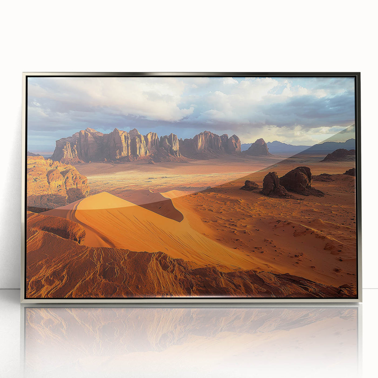 Framed acrylic wall art showcasing a stunning landscape of cliffs, featuring vibrant colors and intricate details, perfect for enhancing modern interior decor.