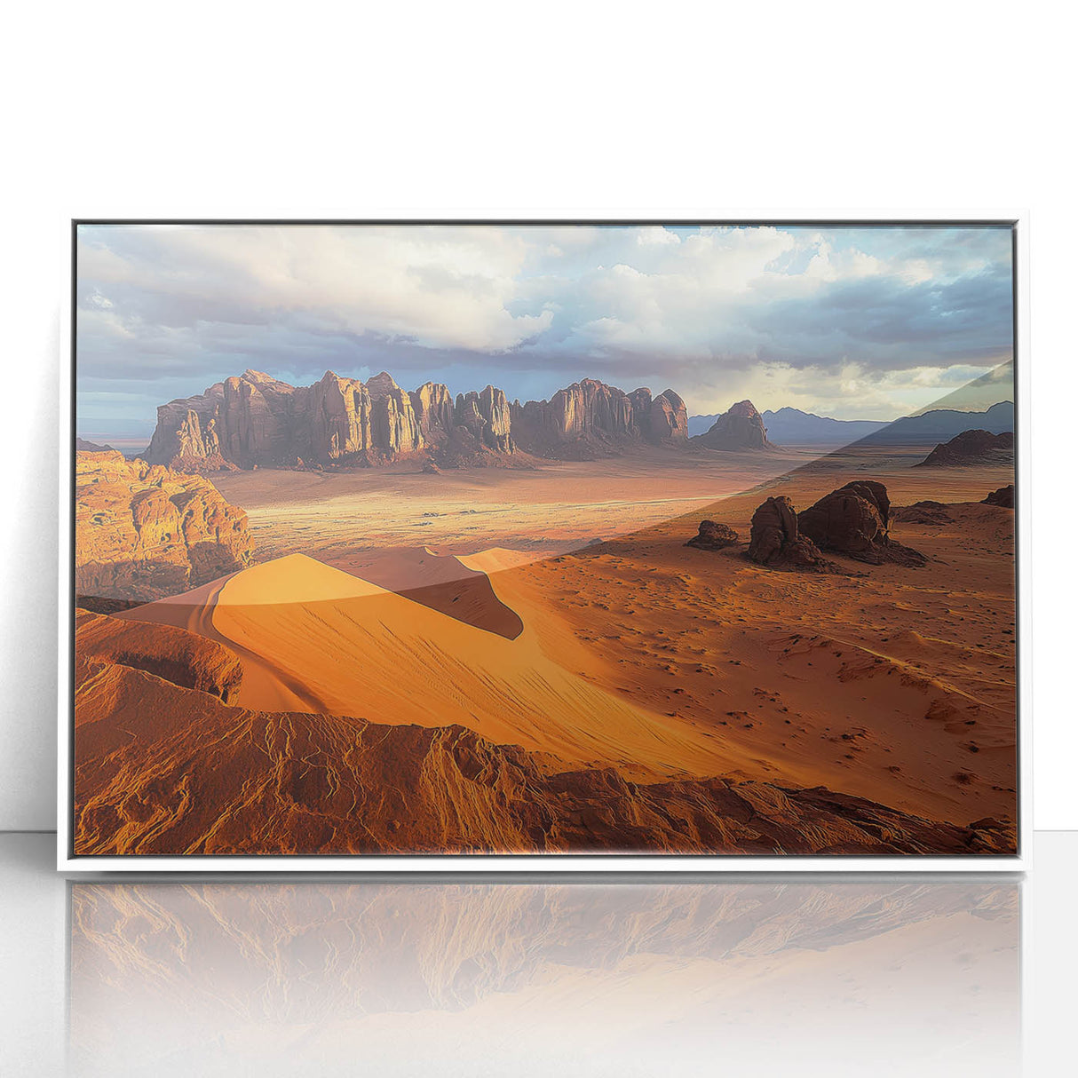 Framed acrylic artwork depicting a stunning landscape of cliffs against a vibrant sky, featuring a sleek white frame that enhances modern decor.