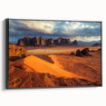Framed canvas artwork showcasing a breathtaking landscape of rugged cliffs, featuring rich colors and intricate details, presented from a stylish black side view.