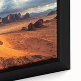 Close-up of a framed canvas print depicting vibrant landscapes with majestic cliffs, showcasing rich colors and intricate textures, ideal for home decor.