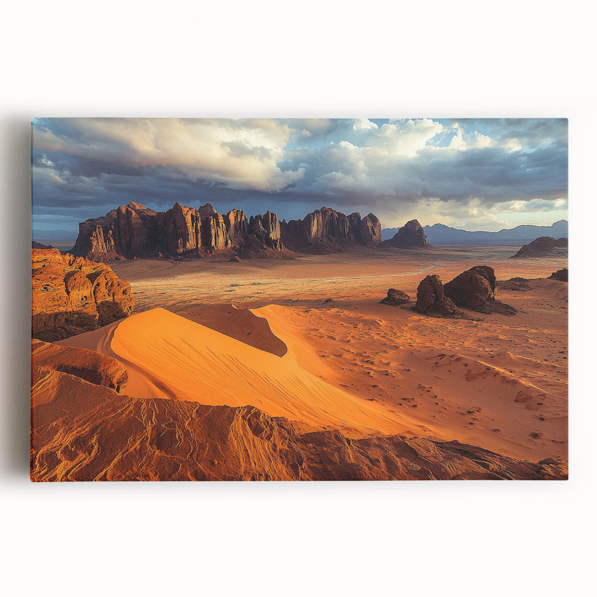 Stretched canvas artwork depicting a breathtaking landscape of rugged cliffs against a vibrant sky, ideal for home decor enthusiasts seeking natural beauty.