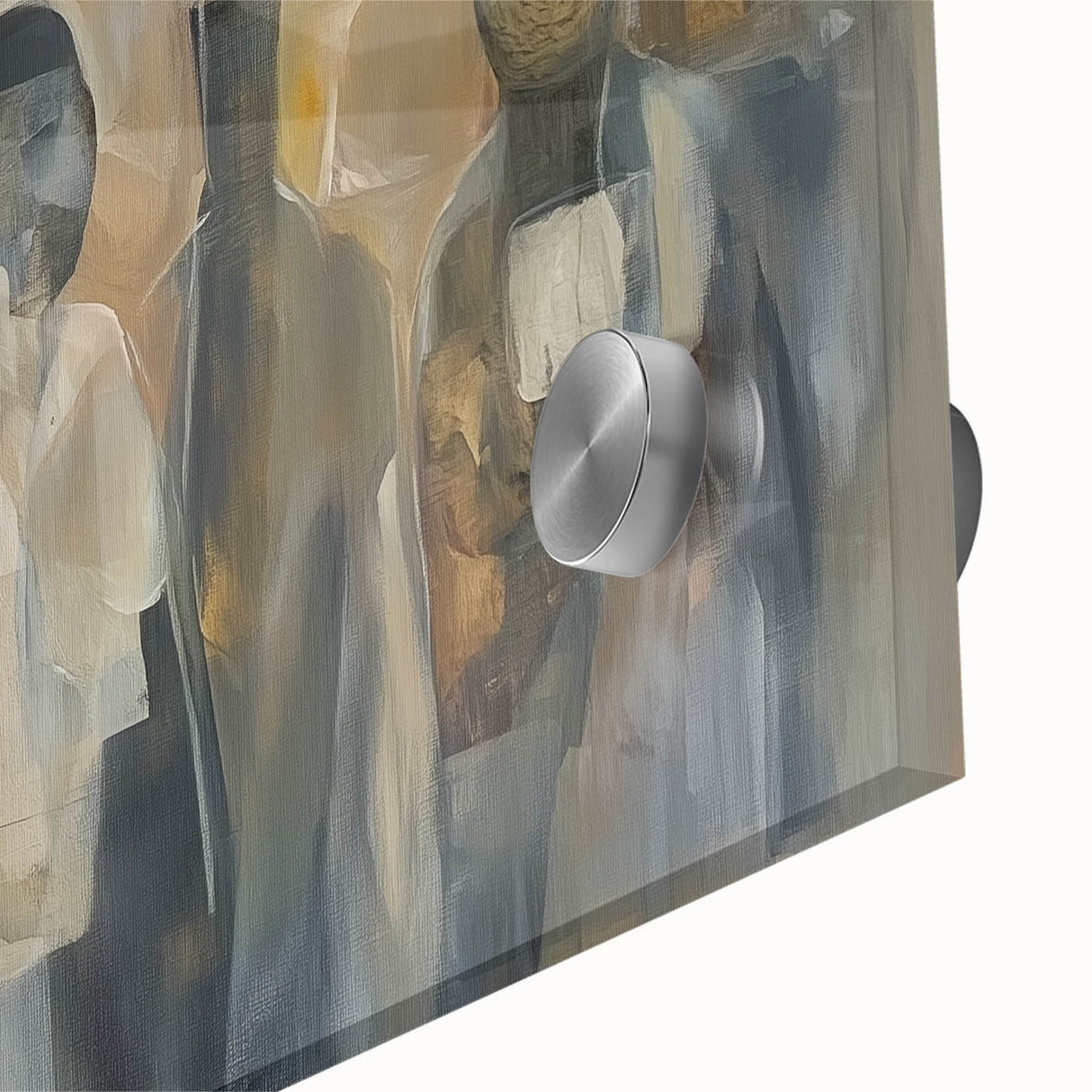 Close-up of an abstract figurative acrylic artwork on glass, showcasing vibrant colors and intricate details, ideal for modern home decor.