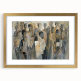 Abstract figurative frame with a gold mat, showcasing a contemporary art piece that highlights rich colors and intricate patterns, perfect for modern decor.