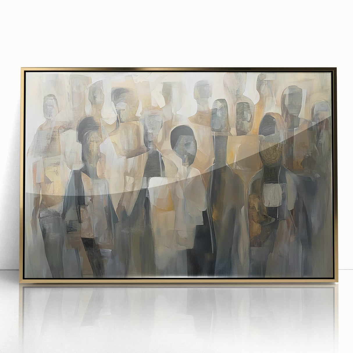 Framed abstract figurative artwork in gold acrylic, showcasing a modern design with vibrant colors and intricate patterns, perfect for contemporary home decor.