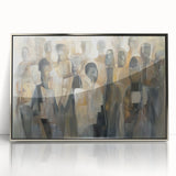 Framed abstract figurative artwork in silver acrylic, showcasing vibrant colors and dynamic shapes, perfect for modern home decor or art collection.