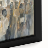 Close-up of an abstract figurative framed canvas artwork showcasing vibrant colors and intricate textures, ideal for modern home decor or artistic spaces.