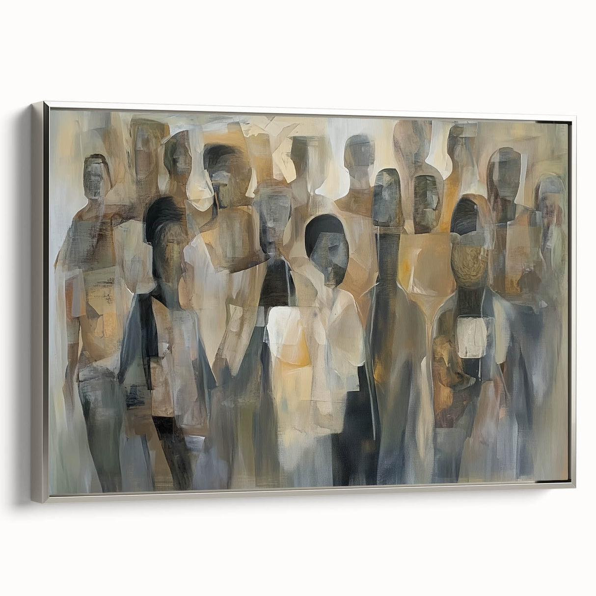 Framed abstract figurative wall art in silver, showcasing dynamic shapes and textures, ideal for modern decor. The side view highlights its elegant design and craftsmanship.