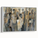 Abstract figurative framed canvas artwork showcasing a dynamic blend of colors, prominently featuring white tones, ideal for modern home decor.