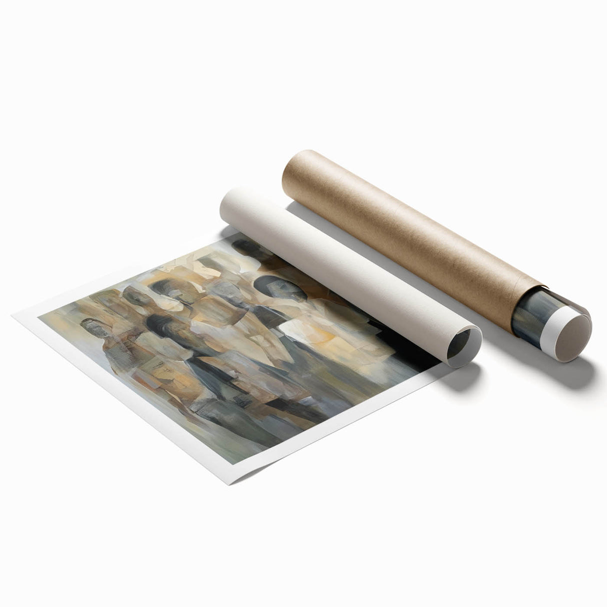 Abstract figurative art print showcasing vibrant colors and dynamic shapes, rolled and securely packaged in a cardboard tube, perfect for modern home decor.