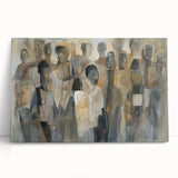 Abstract figurative stretched canvas artwork featuring vibrant colors and dynamic shapes, ideal for modern home decor, leaning against a wall in a stylish setting.