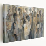 Stretched canvas artwork showcasing an abstract figurative design with vibrant colors and dynamic shapes, perfect for modern home decor or artistic spaces.