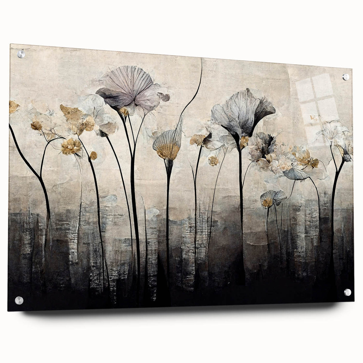Abstract floral wall art displayed in an elegant acrylic frame, showcasing vibrant colors and intricate designs. The side view highlights its modern aesthetic and hanging pins, perfect for contemporary home decor.