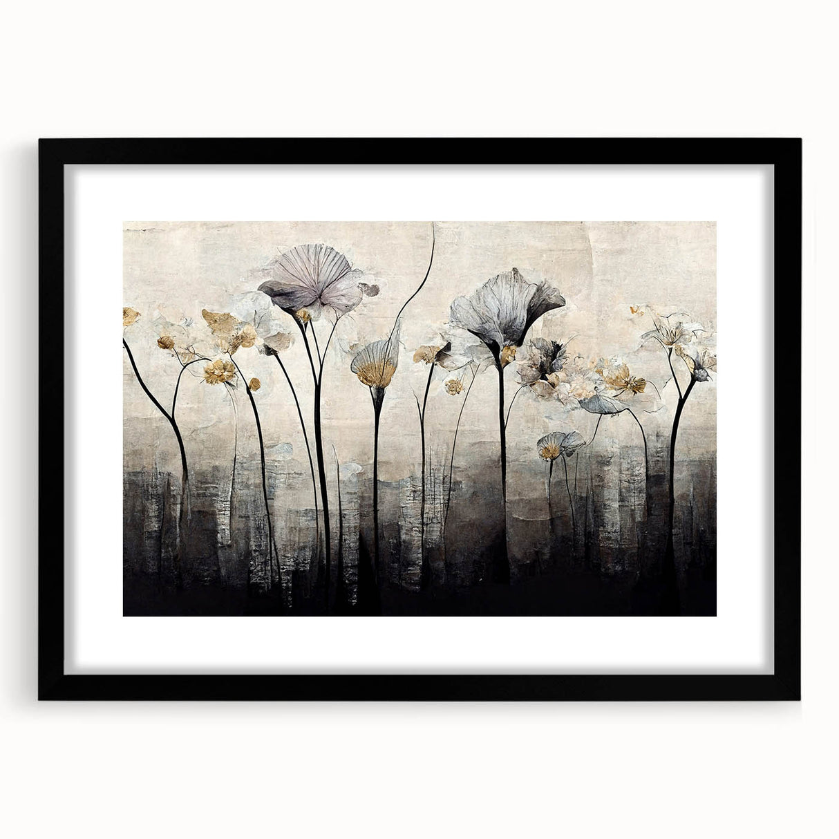 Abstract floral wall art design framed in black, featuring vibrant colors and a mat. Ideal for modern home decor, enhancing any living space with elegance.