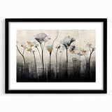 Abstract floral wall art design framed in black, featuring vibrant colors and a mat. Ideal for modern home decor, enhancing any living space with elegance.