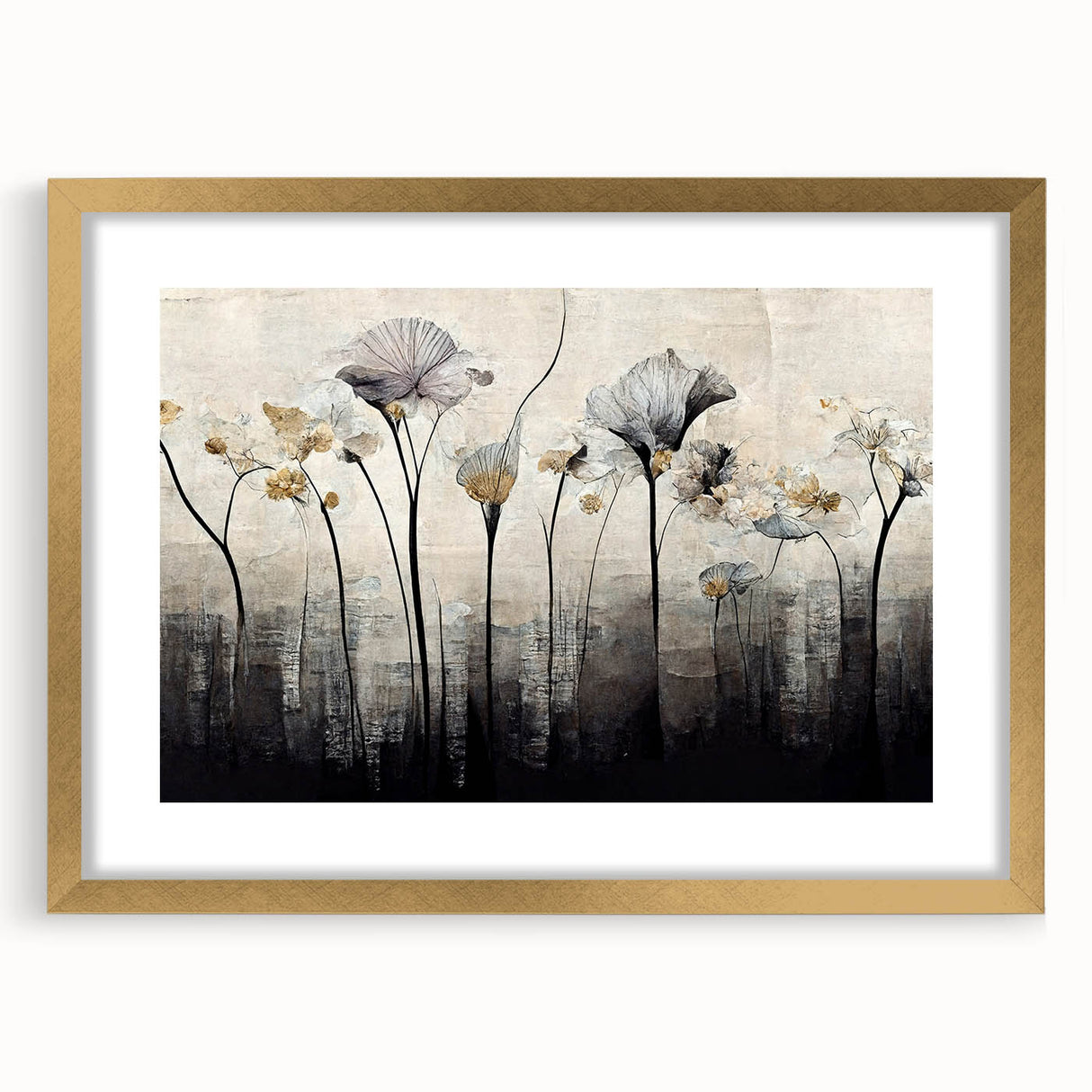 Abstract floral wall art framed with a gold mat, showcasing vibrant colors and intricate designs, perfect for modern home decor accents.