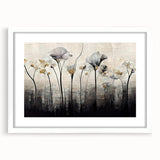 Abstract floral wall art framed in white, showcasing vibrant colors and intricate designs, perfect for modern home decor, adding a touch of elegance to any space.