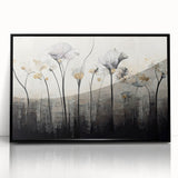 Framed abstract floral wall art featuring vibrant colors and intricate designs, displayed in a sleek black frame, perfect for modern home decor. This stylish piece adds elegance and a contemporary touch to any living space or gallery wall.
