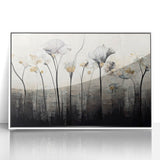 Framed abstract floral wall art in a sleek white frame, showcasing vibrant colors and intricate designs, ideal for modern home decor. Perfect for adding a touch of elegance to any room.