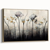 Framed abstract floral wall art on canvas in gold hues, showcasing elegant designs with a modern aesthetic, perfect for home decor enhancement.